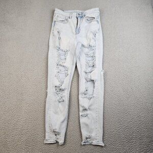 American Eagle Mom Jeans Womens 2 Blue Distressed High Rise Stretch Ripped Denim